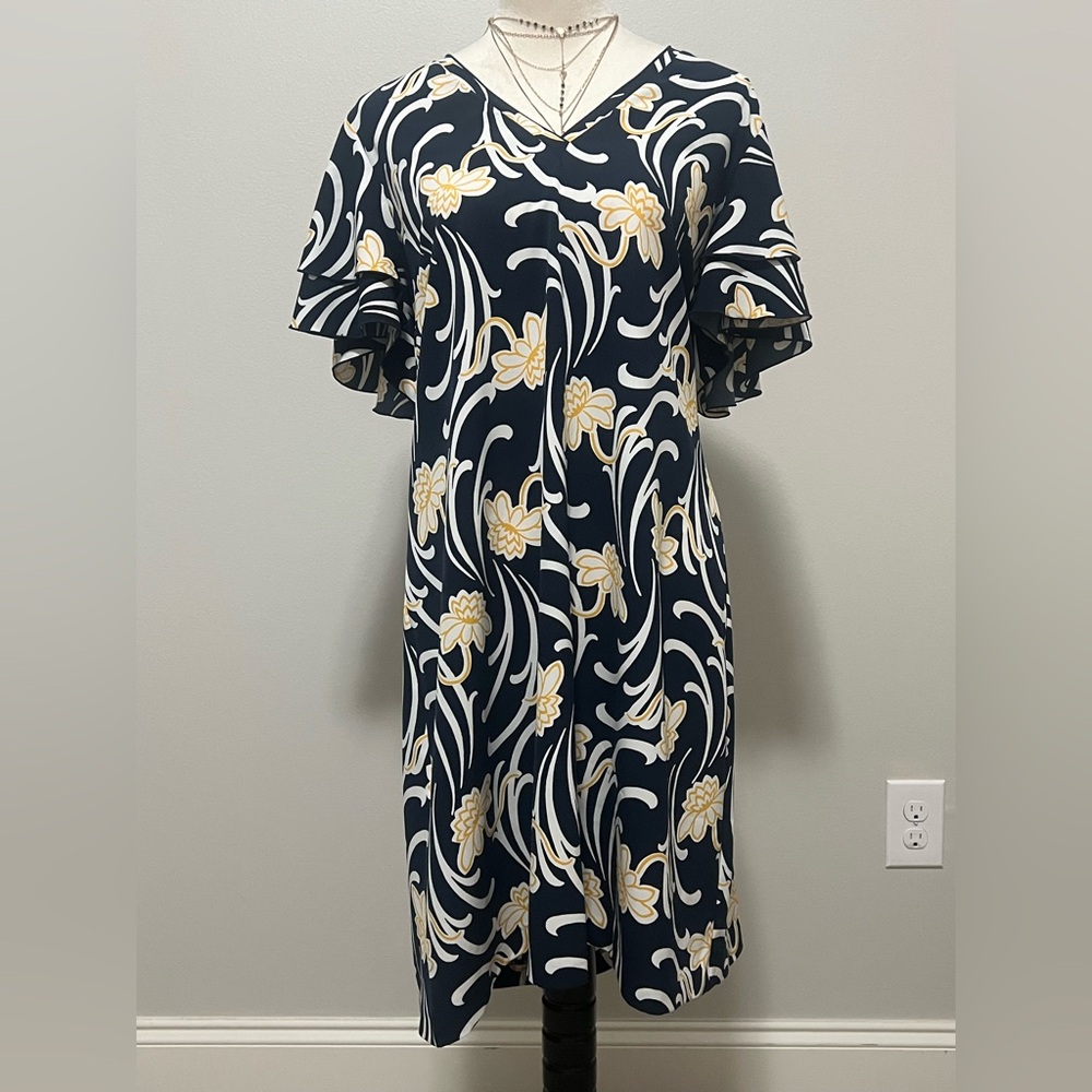 Ann Taylor Factory Blue yellow floral dress v neck EUC sz 14 spring summer